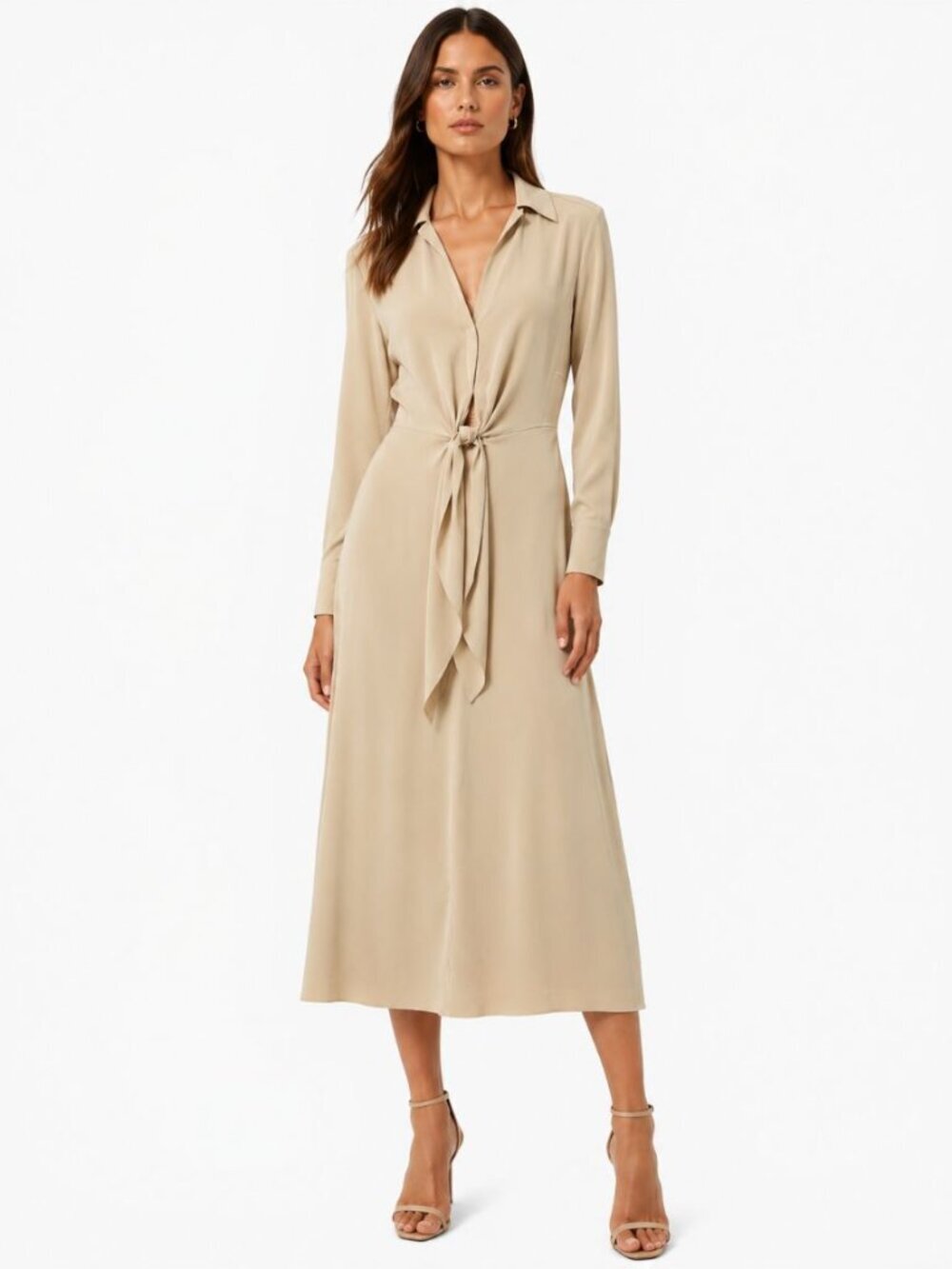 Vince Long Sleeve Shaped Collar Tie Front Dress Midi Lined Pockets Tan Size XXS